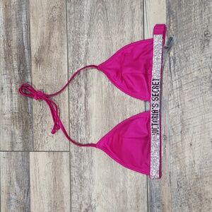 Victoria Secret Swim Bikini Top Dark Pink Shine Strap Bling Halter size small